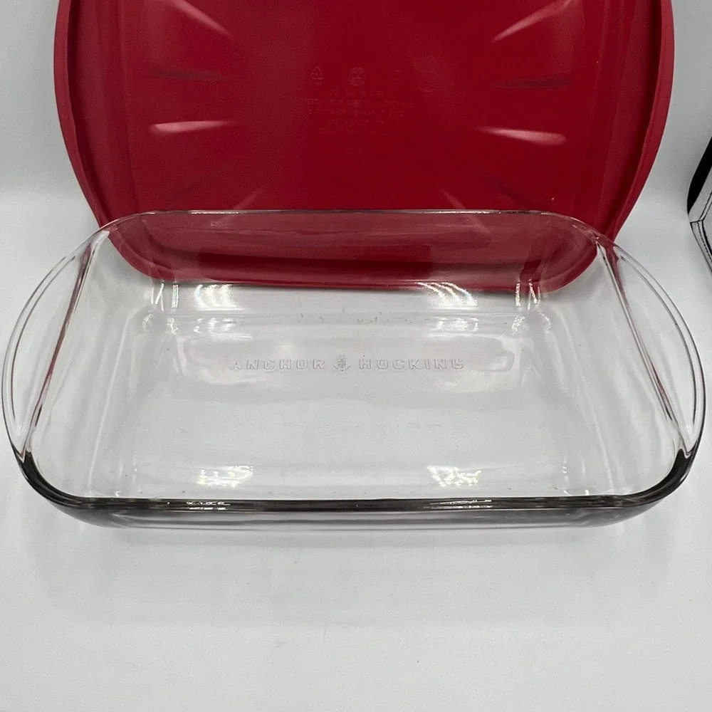 Anchor Hocking Baking Dish Unisex 3Qt Red Very Good Glass Casserole Lid ZLID1049